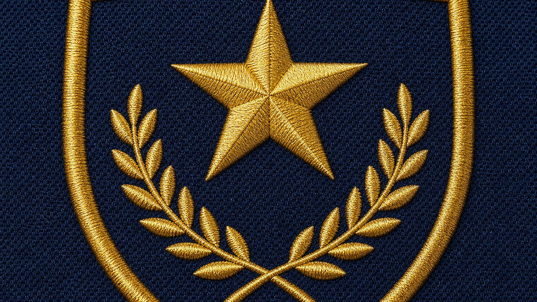 Gold embroidery crest detail stitched on navy jersey fabric