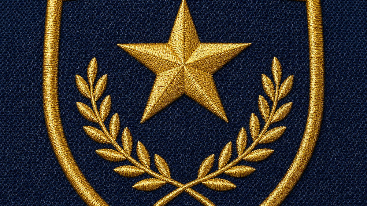Gold embroidery crest detail stitched on navy jersey fabric