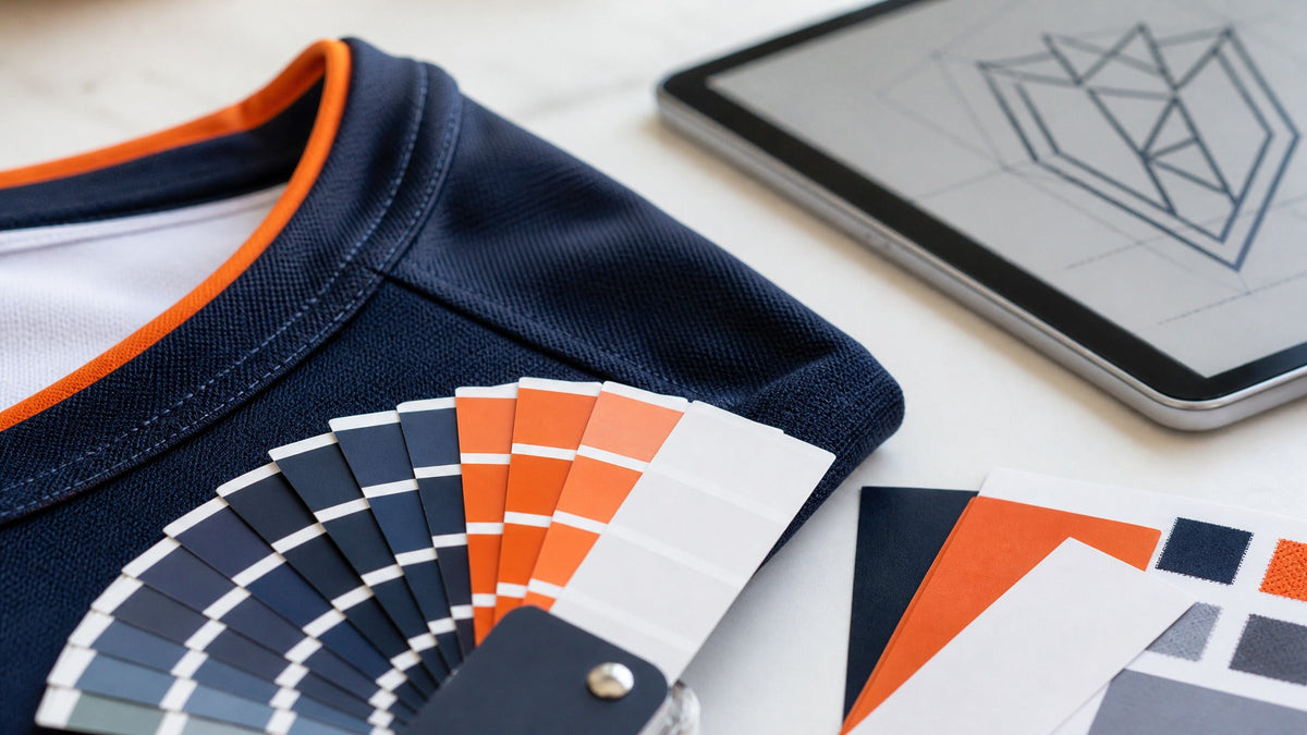 Custom jersey artwork design workspace with vector logo, color swatches and finished jersey