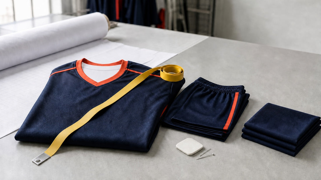Folded navy and orange-red custom jersey with matching shorts, a plain measuring tape, tailor's chalk and pins on a factory cutting table.