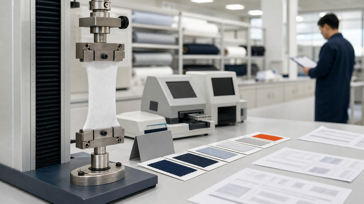 Textile testing laboratory with a tensile strength machine, fabric swatches and printed test reports