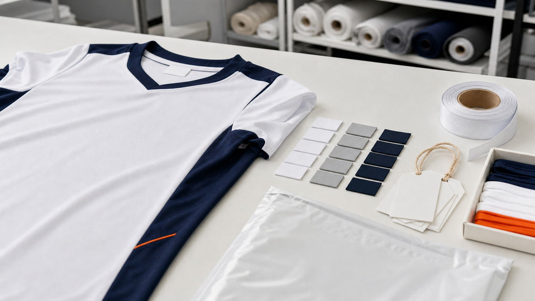 Blank woven labels, hang tags and packaging laid out beside a finished navy-trimmed jersey on a white factory packing bench.