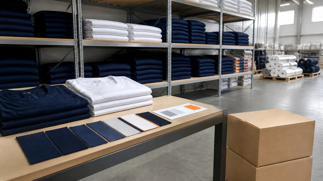 Color-zoned stacks of folded jerseys on warehouse shelving, with fabric swatches on a bench and plain shipping boxes beside it.