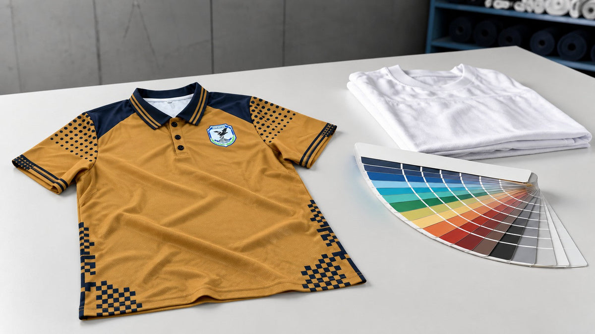Finished custom polo beside a fanned colour deck and folded blank garments on a swatch table