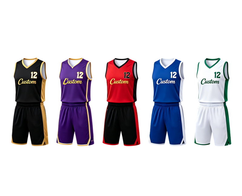 Custom basketball uniform design in red and blue — example of our full-custom sublimation work