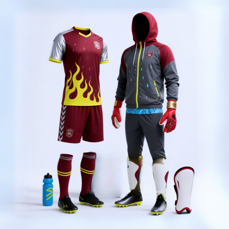 Custom soccer outfield and goalkeeper kit in maroon, yellow and silver — ZHONGKANG sample